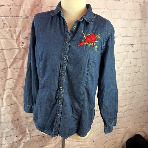 trilogy by morning sun cardinal Embroidered lt wt Denim Button-Up Shirt sz L - Picture 1 of 10